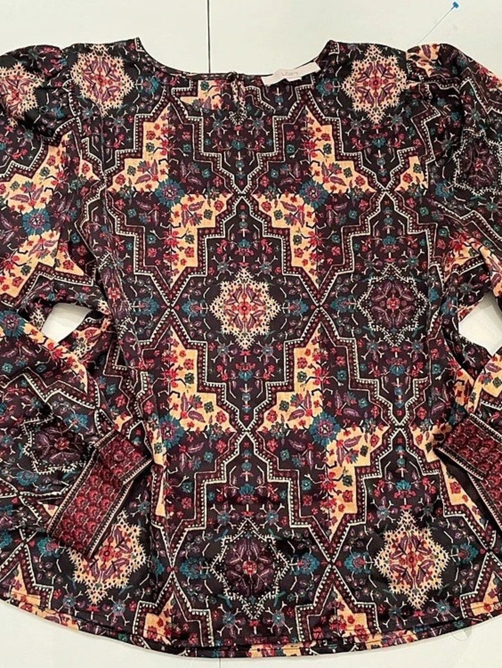 LOFT Geometric Print Blouse in Black & Pink Like New